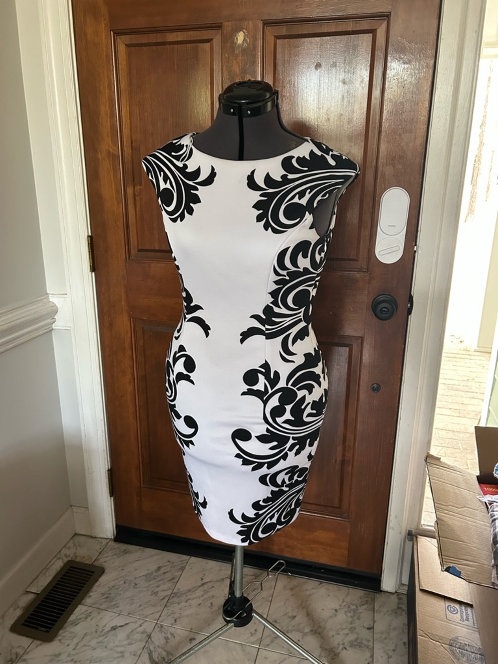 Maggy London Black and White Baroque Midi Sheath Dress